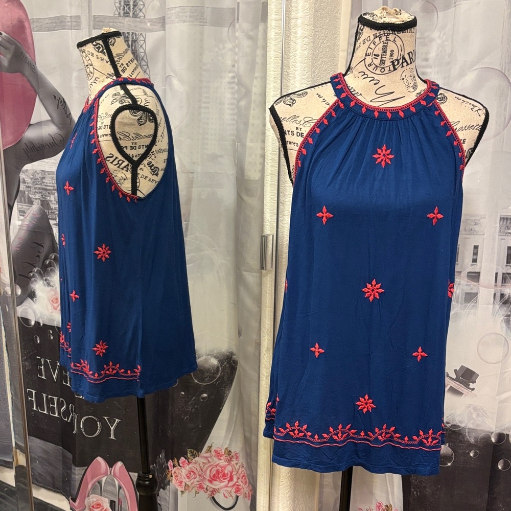 LOFT Blue and Red "Fireworks" Embroidered Halter Top - Picture 2 of 7